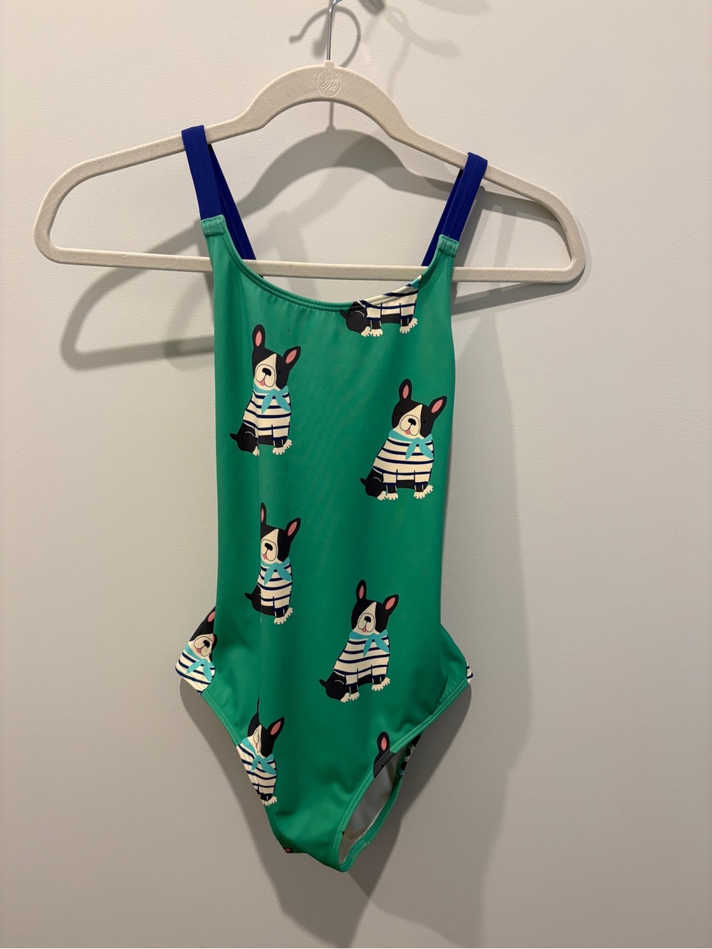 Mini Boden Green One-Piece Swimsuit with Blue Straps and Dog Print